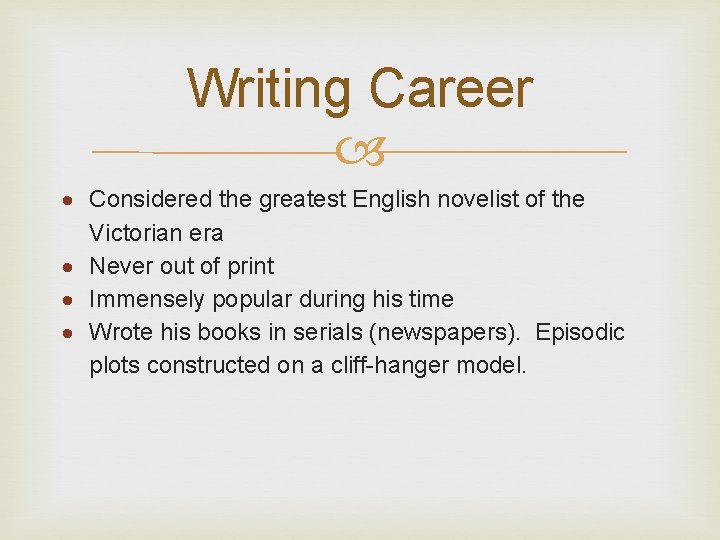 Writing Career Considered the greatest English novelist of the Victorian era Never out of
