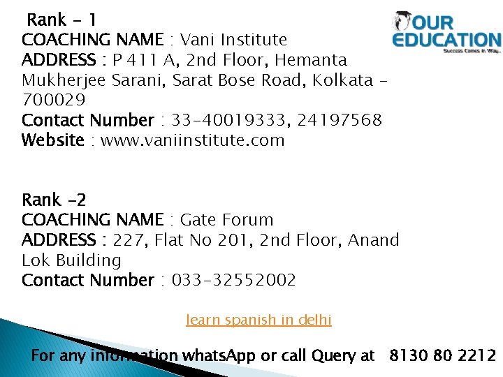 Rank - 1 COACHING NAME : Vani Institute ADDRESS : P 411 A, 2