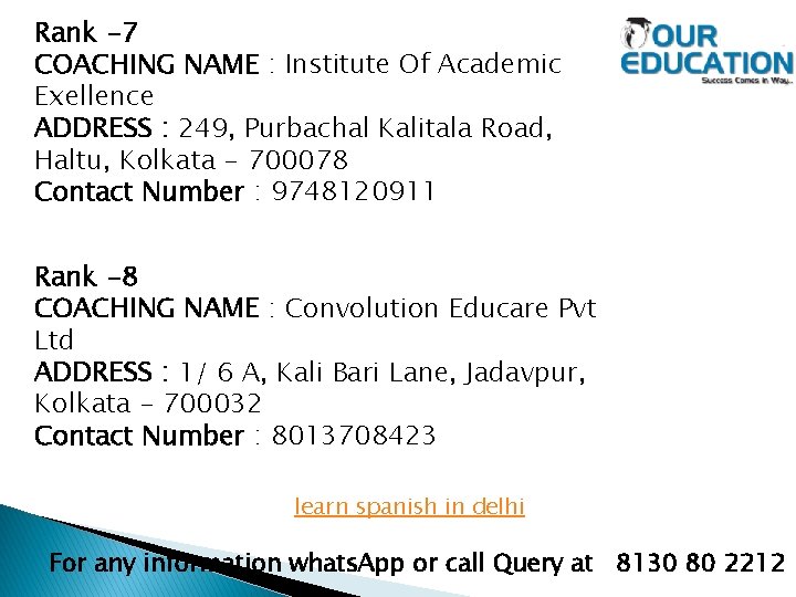 Rank -7 COACHING NAME : Institute Of Academic Exellence ADDRESS : 249, Purbachal Kalitala