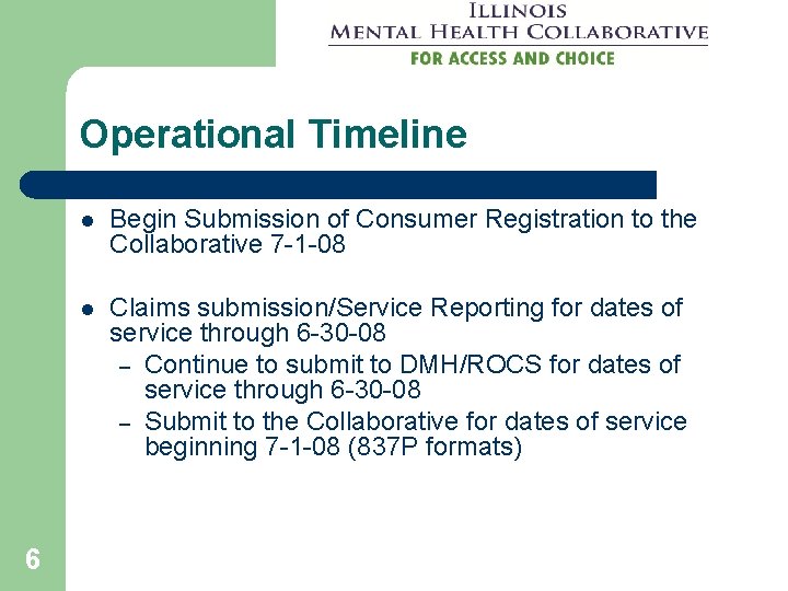 Operational Timeline 6 l Begin Submission of Consumer Registration to the Collaborative 7 -1