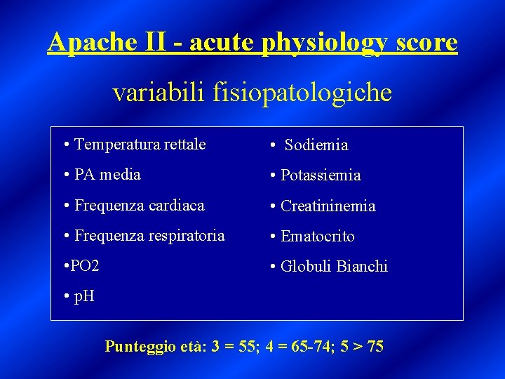 Apache II - acute physiology score variabili fisiopatologiche • Temperatura rettale • Sodiemia •