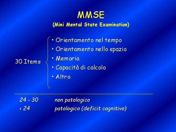 MMSE (Mini Mental State Examination) • Orientamento nel tempo • Orientamento nello spazio 30