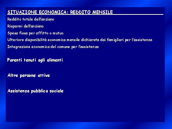 SITUAZIONE ECONOMICA: REDDITO MENSILE Reddito totale dell’anziano Risparmi dell’anziano Spesa fissa per affitto o