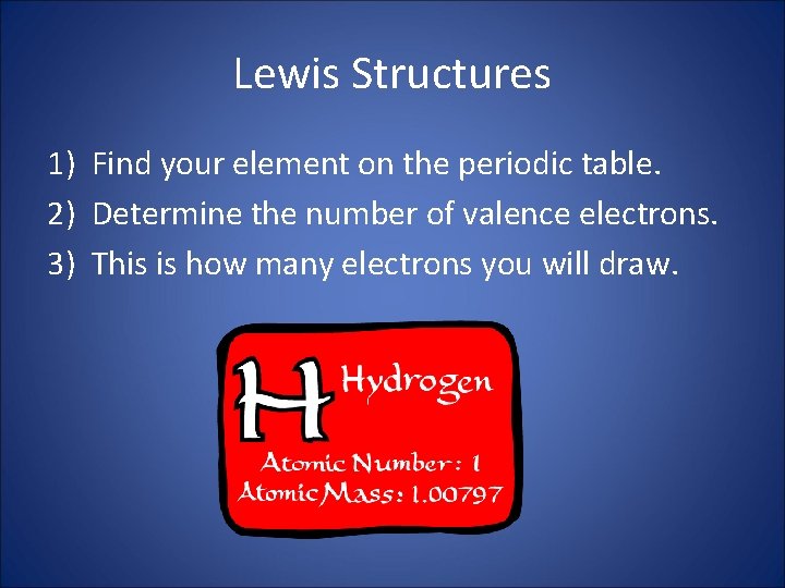 Lewis Structures 1) Find your element on the periodic table. 2) Determine the number