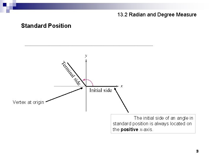 13. 2 Radian and Degree Measure Standard Position Vertex at origin The initial side