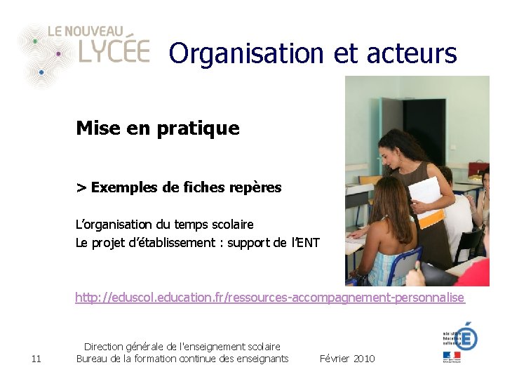 Organisation et acteurs Mise en pratique > Exemples de fiches repères L’organisation du temps