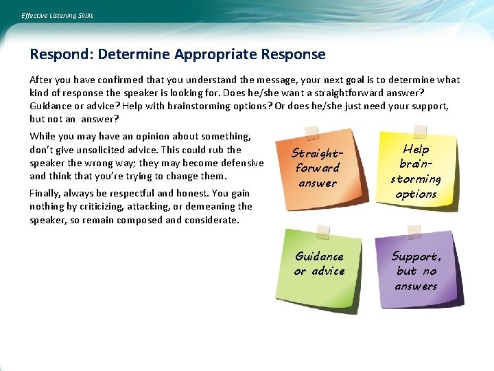Effective Listening Skills Respond: Determine Appropriate Response After you have confirmed that you understand
