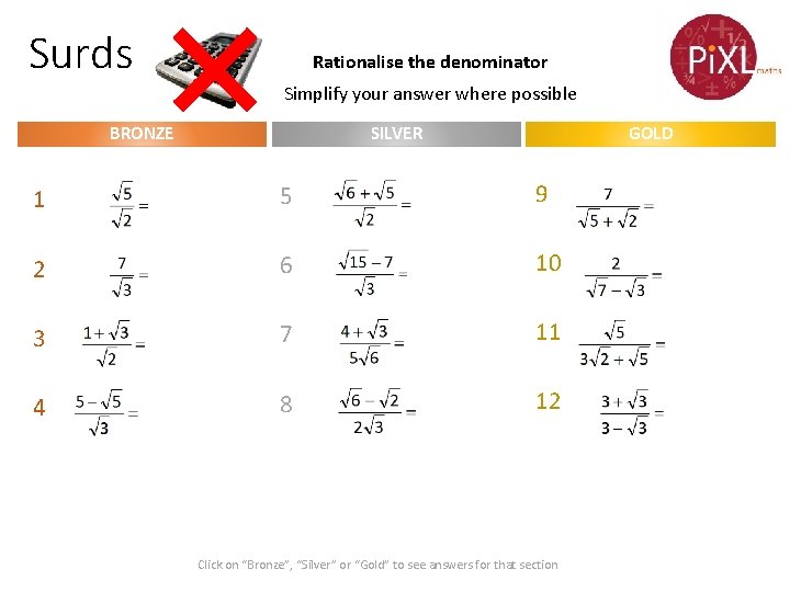 Surds Rationalise the denominator Simplify your answer where possible SILVER BRONZE GOLD 1 5