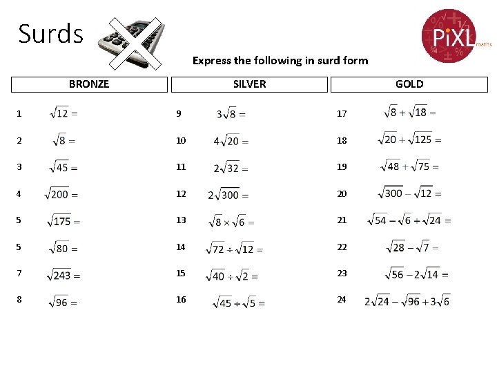 Surds Express the following in surd form SILVER BRONZE GOLD 1 9 17 2