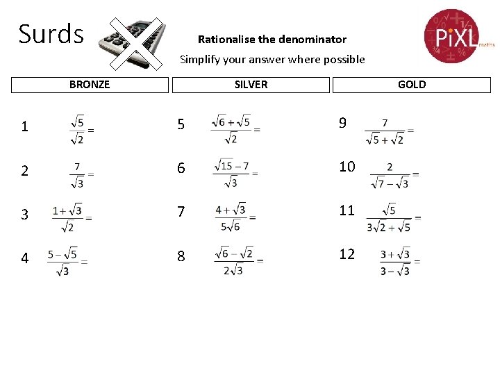 Surds Rationalise the denominator Simplify your answer where possible SILVER BRONZE GOLD 1 5