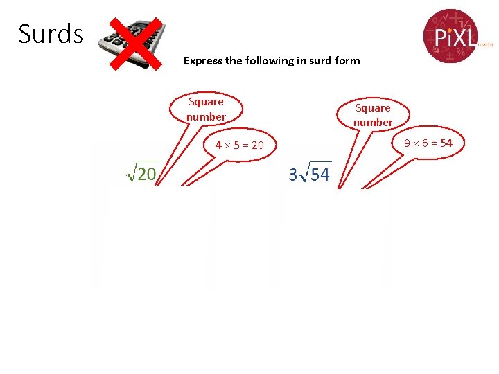 Surds Express the following in surd form Square number 4 × 5 = 20