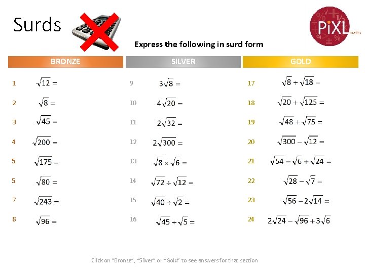 Surds Express the following in surd form SILVER BRONZE GOLD 1 9 17 2