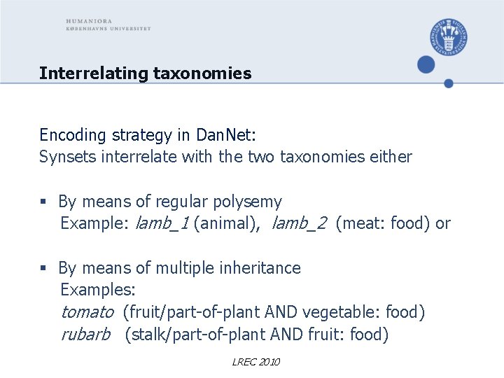 Interrelating taxonomies Encoding strategy in Dan. Net: Synsets interrelate with the two taxonomies either