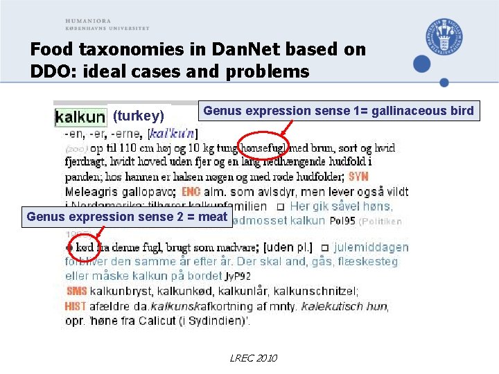 Food taxonomies in Dan. Net based on DDO: ideal cases and problems (turkey) Genus