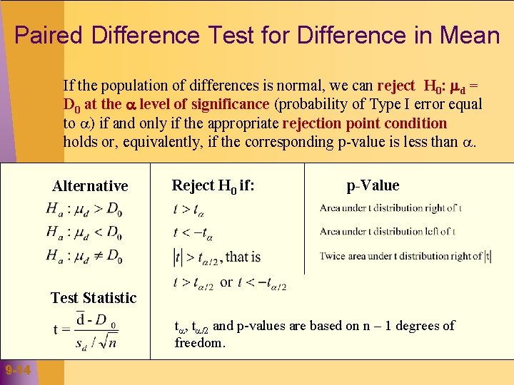 Paired Difference Test for Difference in Mean If the population of differences is normal,