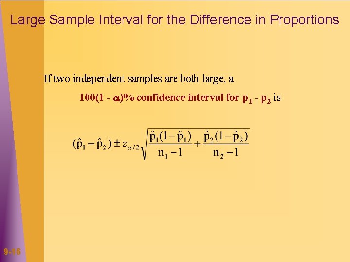 Large Sample Interval for the Difference in Proportions If two independent samples are both