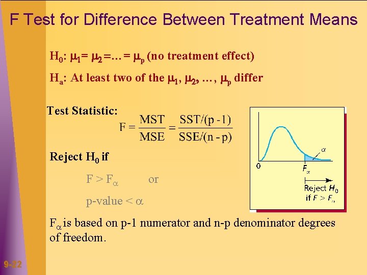 F Test for Difference Between Treatment Means H 0: 1= 2 =…= p (no