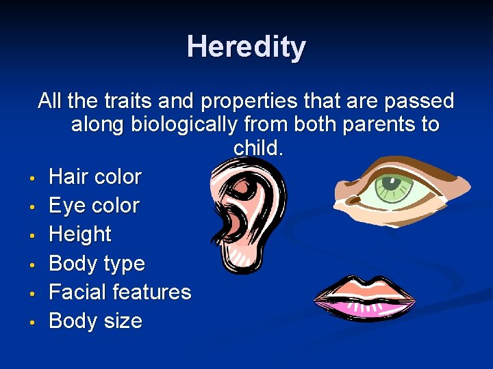 Heredity All the traits and properties that are passed along biologically from both parents