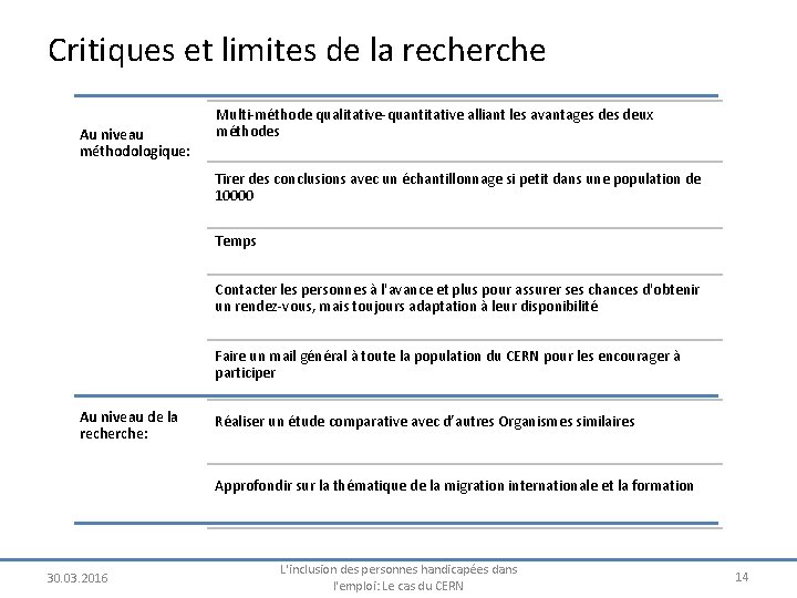 Critiques et limites de la recherche Au niveau méthodologique: Multi-méthode qualitative-quantitative alliant les avantages