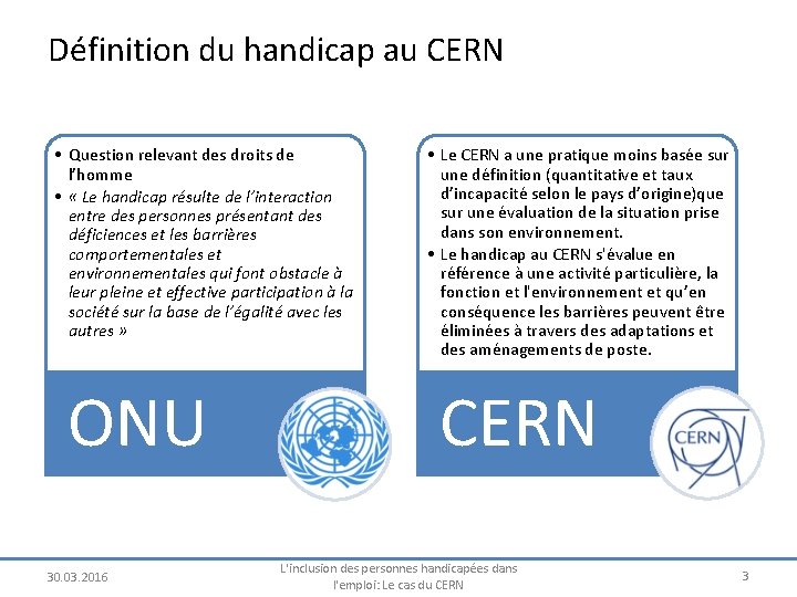 Définition du handicap au CERN • Question relevant des droits de l’homme • «