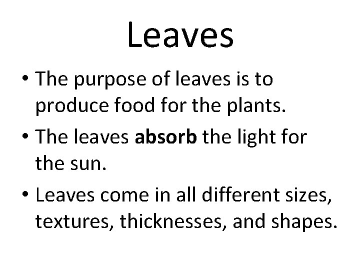 Leaves • The purpose of leaves is to produce food for the plants. •