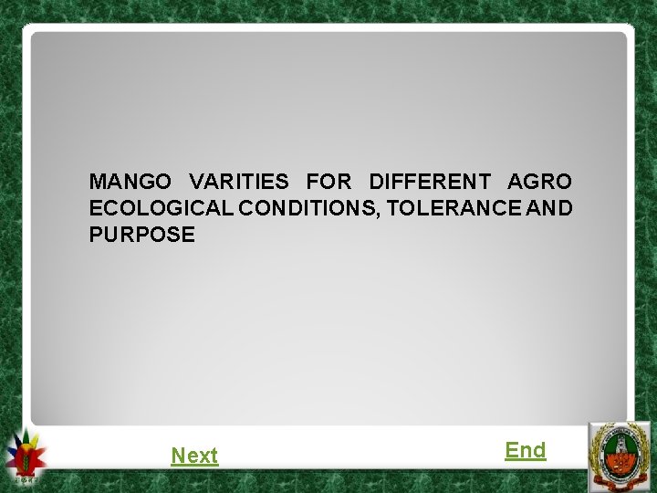 MANGO VARITIES FOR DIFFERENT AGRO ECOLOGICAL CONDITIONS, TOLERANCE AND PURPOSE Next End MANGO VARITIES FOR DIFFERENT AGRO ECOLOGICAL CONDITIONS, TOLERANCE AND PURPOSE Next End