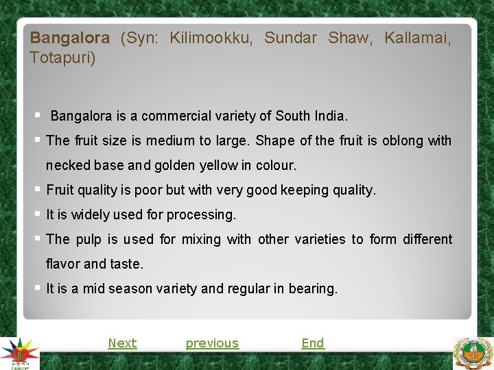 Bangalora (Syn: Kilimookku, Sundar Shaw, Kallamai, Totapuri) § Bangalora is a commercial variety of Bangalora (Syn: Kilimookku, Sundar Shaw, Kallamai, Totapuri) § Bangalora is a commercial variety of