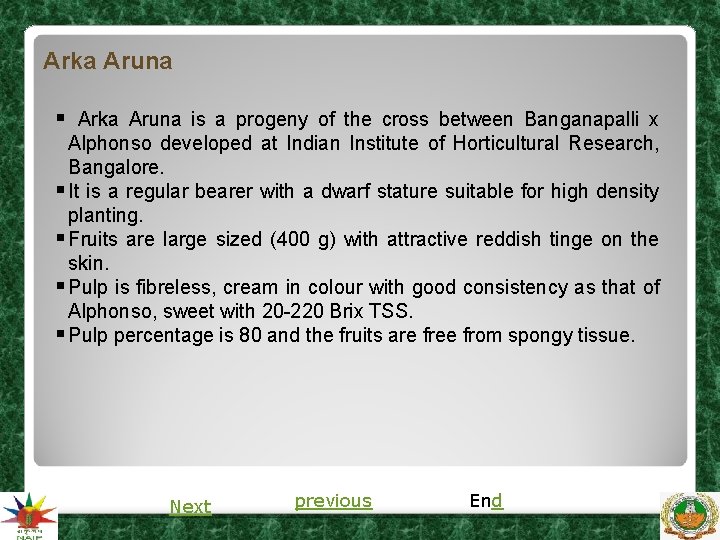 Arka Aruna § Arka Aruna is a progeny of the cross between Banganapalli x Arka Aruna § Arka Aruna is a progeny of the cross between Banganapalli x