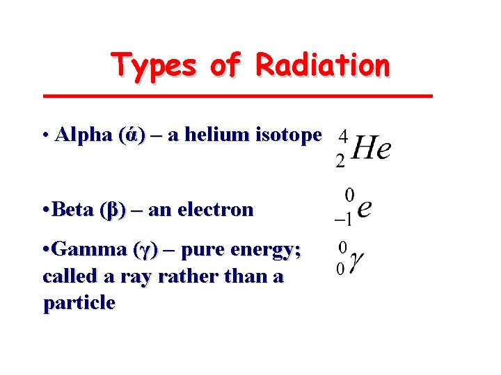 Types of Radiation • Alpha (ά) – a helium isotope • Beta (β) –