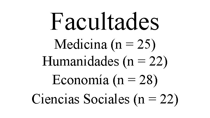 Facultades Medicina (n = 25) Humanidades (n = 22) Economía (n = 28) Ciencias