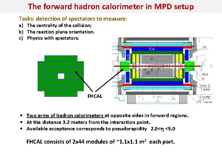 The forward hadron calorimeter in MPD setup Tasks: detection of spectators to measure: a)
