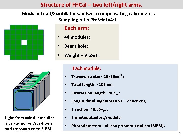 Structure of FHCal – two left/right arms. Modular Lead/Scintillator sandwich compensating calorimeter. Sampling ratio