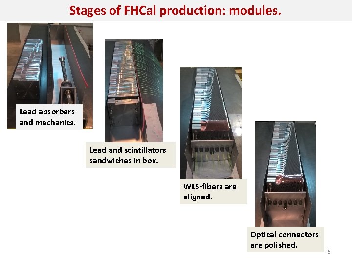 Stages of FHCal production: modules. Lead absorbers and mechanics. Lead and scintillators sandwiches in