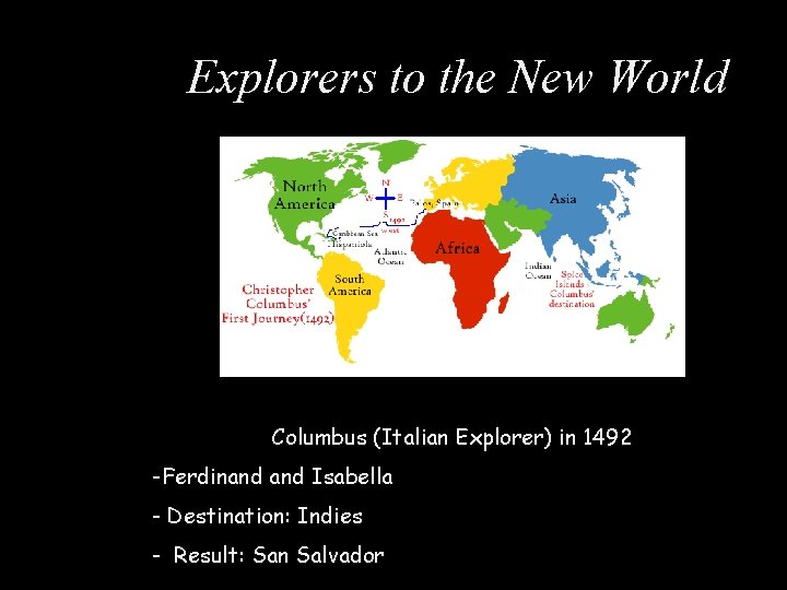 Explorers to the New World Columbus (Italian Explorer) in 1492 -Ferdinand Isabella - Destination: