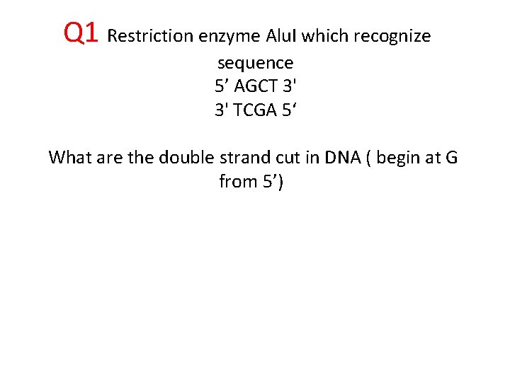 Q 1 Restriction enzyme Alu. I which recognize sequence 5’ AGCT 3' 3' TCGA