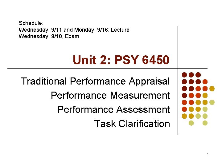 Schedule: Wednesday, 9/11 and Monday, 9/16: Lecture Wednesday, 9/18, Exam Unit 2: PSY 6450