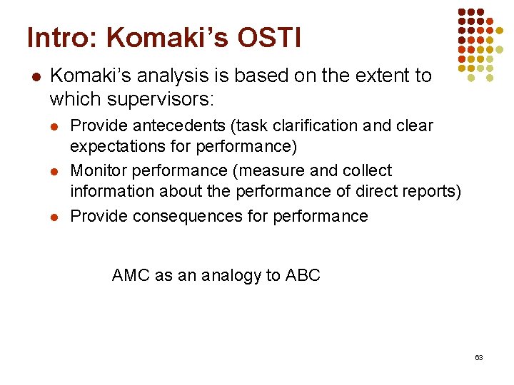 Intro: Komaki’s OSTI l Komaki’s analysis is based on the extent to which supervisors: