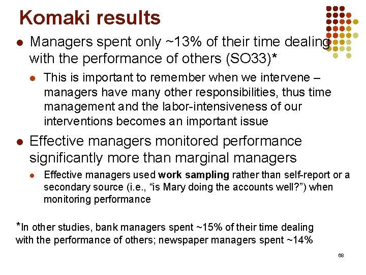 Komaki results l Managers spent only ~13% of their time dealing with the performance