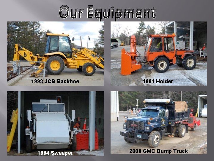 Our Equipment 1998 JCB Backhoe 1991 Holder 1984 Sweeper 2000 GMC Dump Truck 