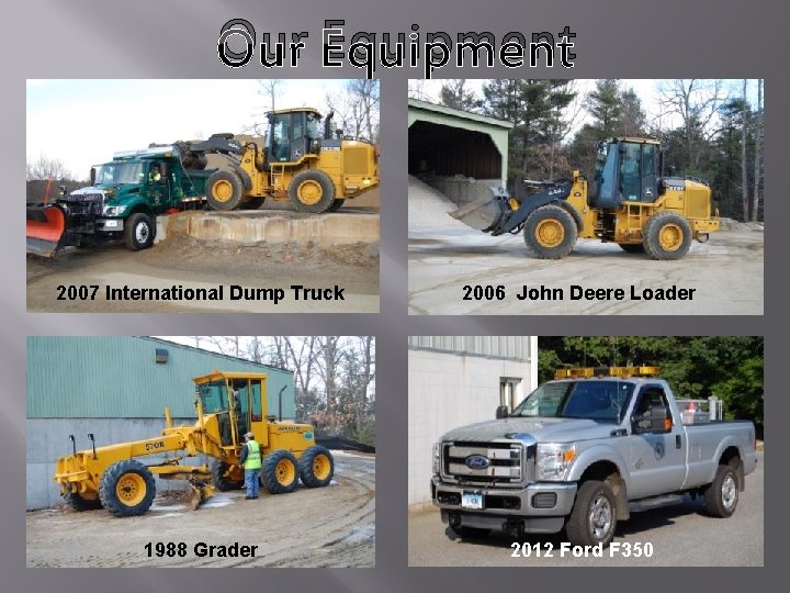 Our Equipment 2007 International Dump Truck 2006 John Deere Loader 1988 Grader 2012 Ford