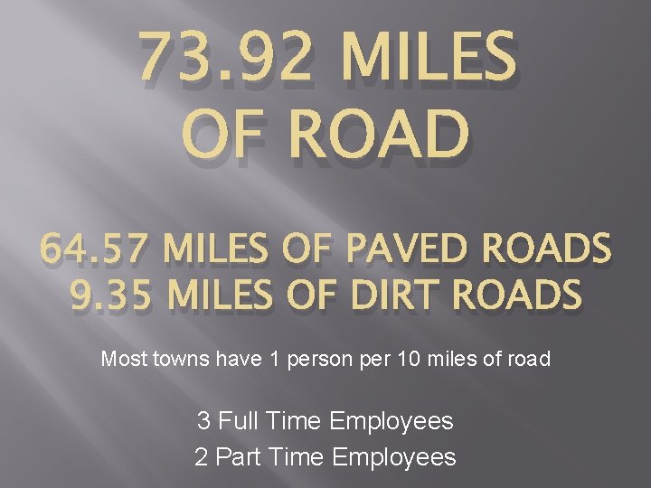 73. 92 MILES OF ROAD 64. 57 MILES OF PAVED ROADS 9. 35 MILES