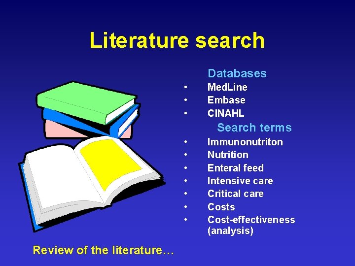 Literature search Databases • • • Med. Line Embase CINAHL Search terms • •