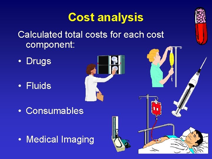 Cost analysis Calculated total costs for each cost component: • Drugs • Fluids •