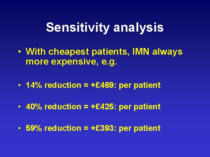 Sensitivity analysis • With cheapest patients, IMN always more expensive, e. g. • 14%