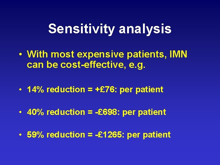 Sensitivity analysis • With most expensive patients, IMN can be cost-effective, e. g. •