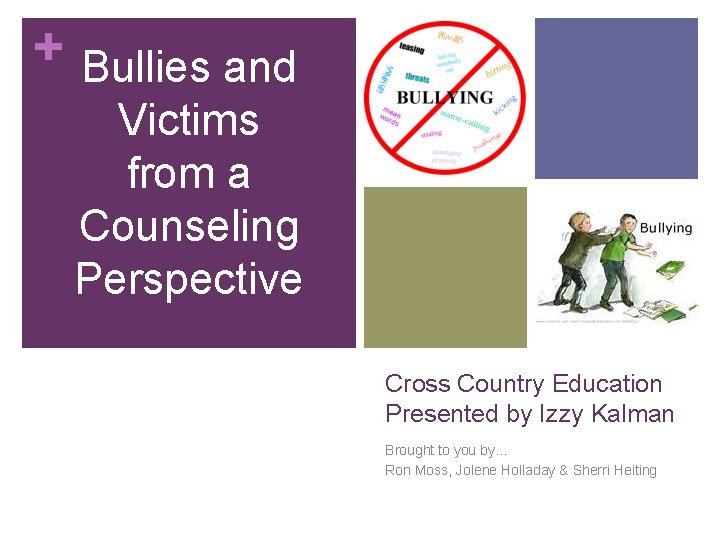 + Bullies and Victims from a Counseling Perspective Cross Country Education Presented by Izzy