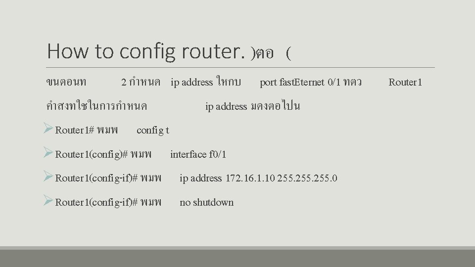 How to config router. )ตอ ( ขนตอนท 2 กำหนด ip address ใหกบ คำสงทใชในการกำหนด port