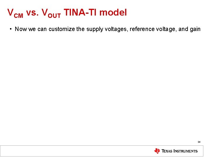 VCM vs. VOUT TINA-TI model • Now we can customize the supply voltages, reference