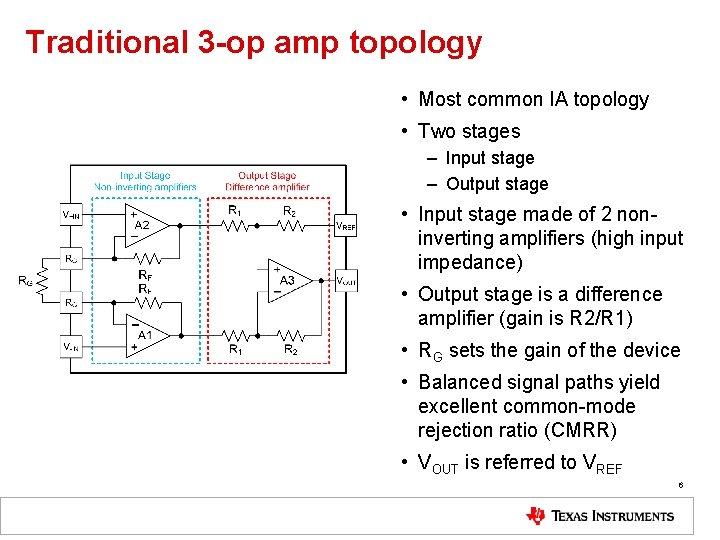 Traditional 3 -op amp topology • Most common IA topology • Two stages –