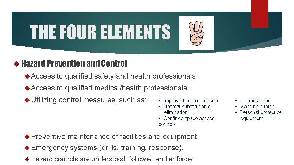 THE FOUR ELEMENTS Hazard Prevention and Control Access to qualified safety and health professionals THE FOUR ELEMENTS Hazard Prevention and Control Access to qualified safety and health professionals